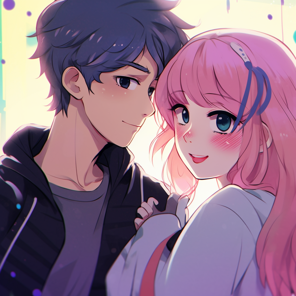 A classic school anime couple scene, school uniforms detail and radiant colors. cute anime couple pfp