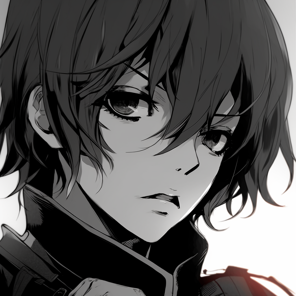 Black and white manga panel character profile, emphasis on the attention to details and intricate line work. top rated anime black pfp pfp for discord.