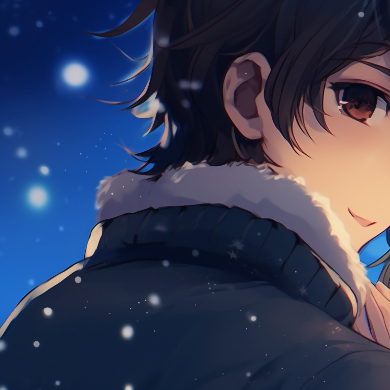 Distant view of characters with matching Christmas outfits, pastel background with soft snowfall. beautiful matching christmas pfp anime pfp for discord.