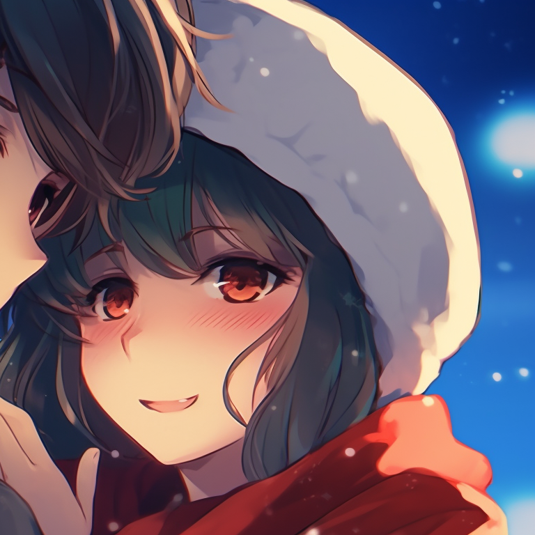 Distant view of characters with matching Christmas outfits, pastel background with soft snowfall. beautiful matching christmas pfp anime pfp for discord.