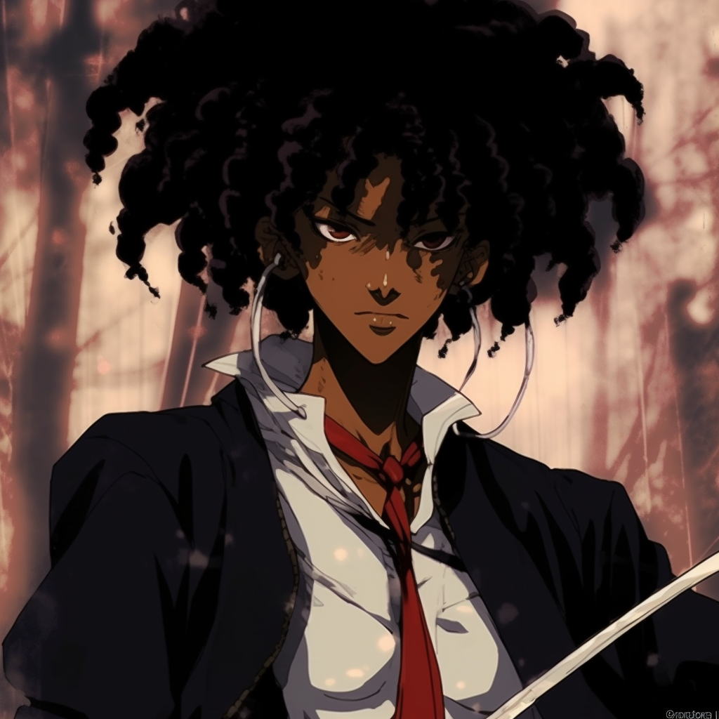 Detailed close-up of Afro Samurai's face, realistic shading and smooth lines. stunning black anime characters pfp