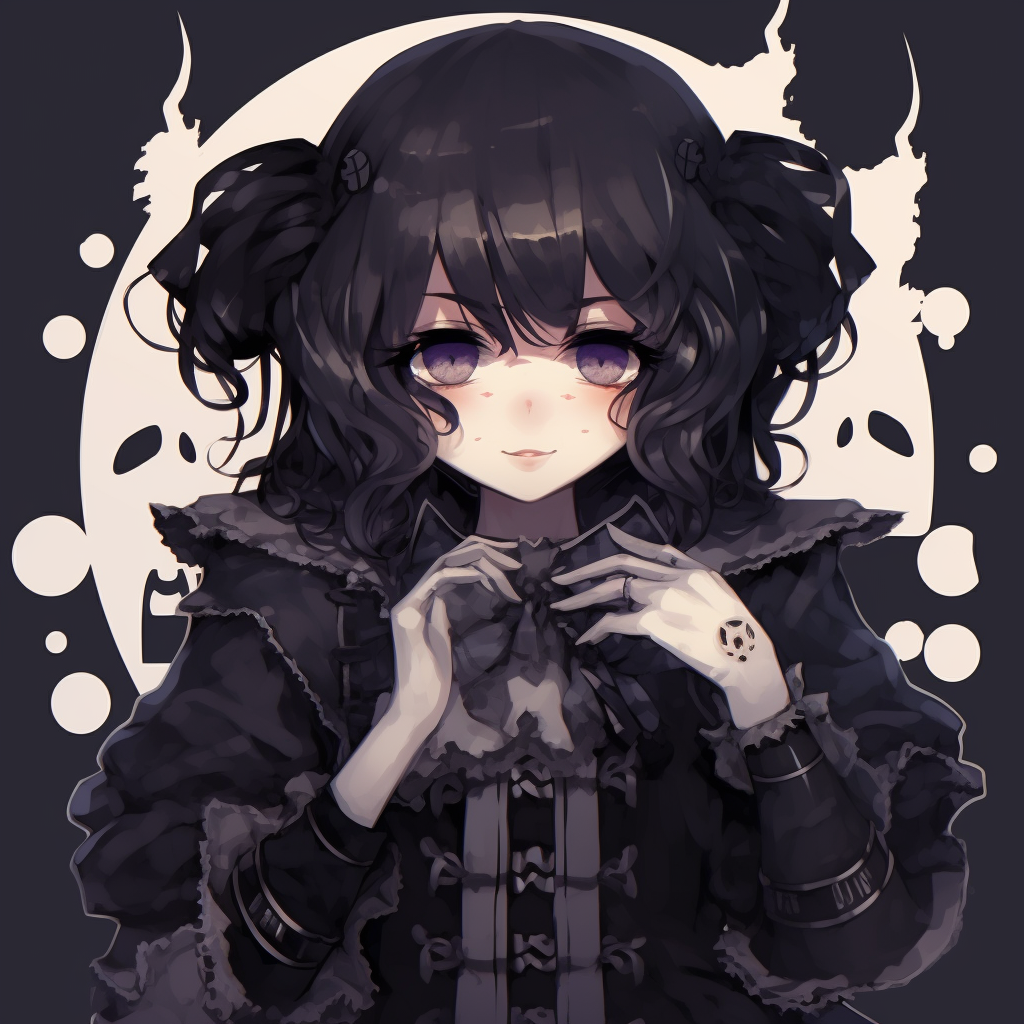 Close-up portrait of a gothic anime girl, pale skin contrasted with dark clothing and hair, detailed fringes and laces. unique emo anime pfp