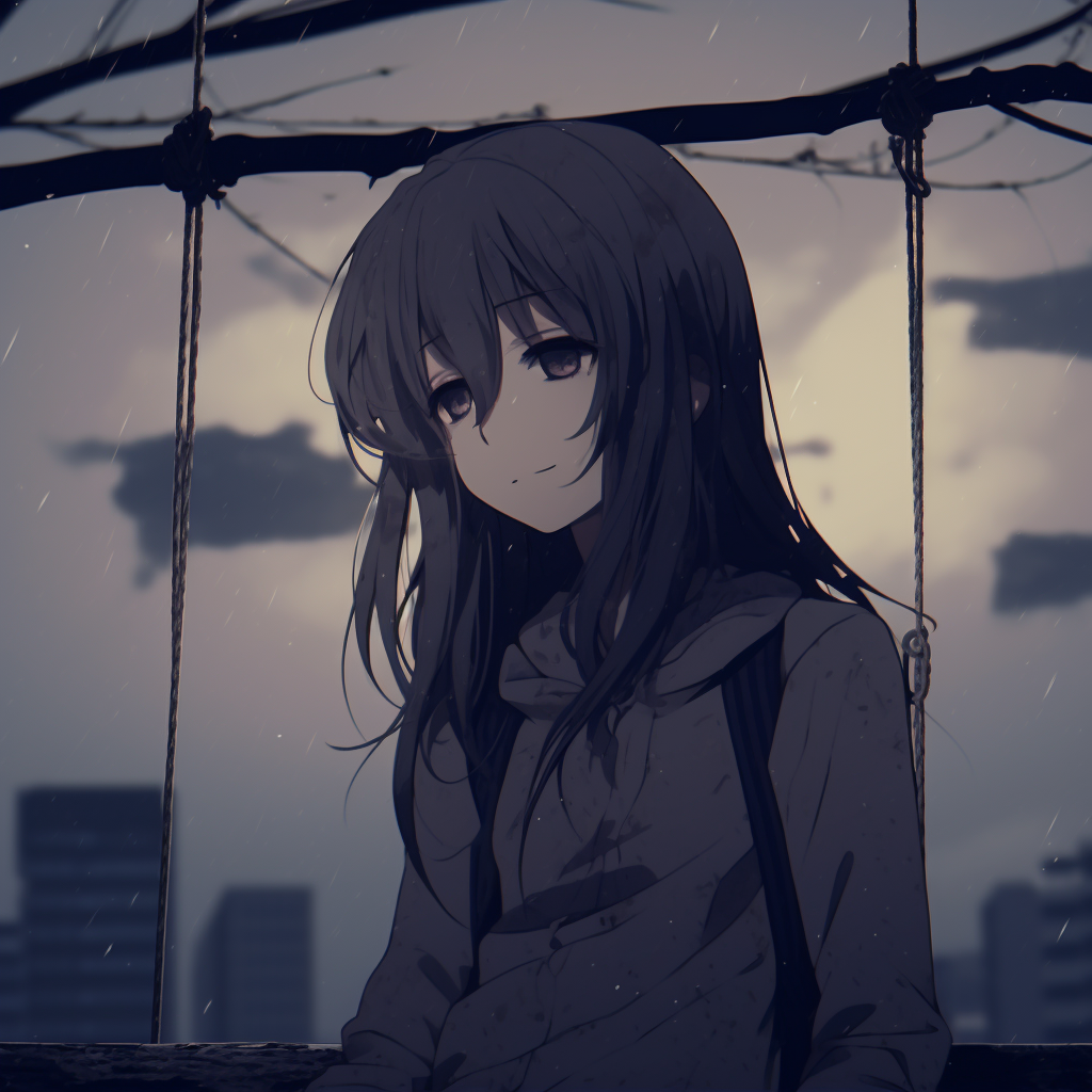 Depressed anime girl on a swing, using muted tones and desolate background. hd depressed anime girl pfp pfp for discord.
