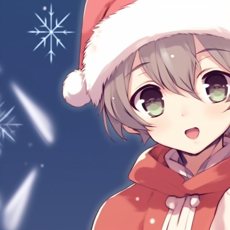 Two characters against a snowy background, soft lighting and romantic atmosphere, exchanging gifts. the best matching cute aesthetic christmas pfp for use pfp for discord.