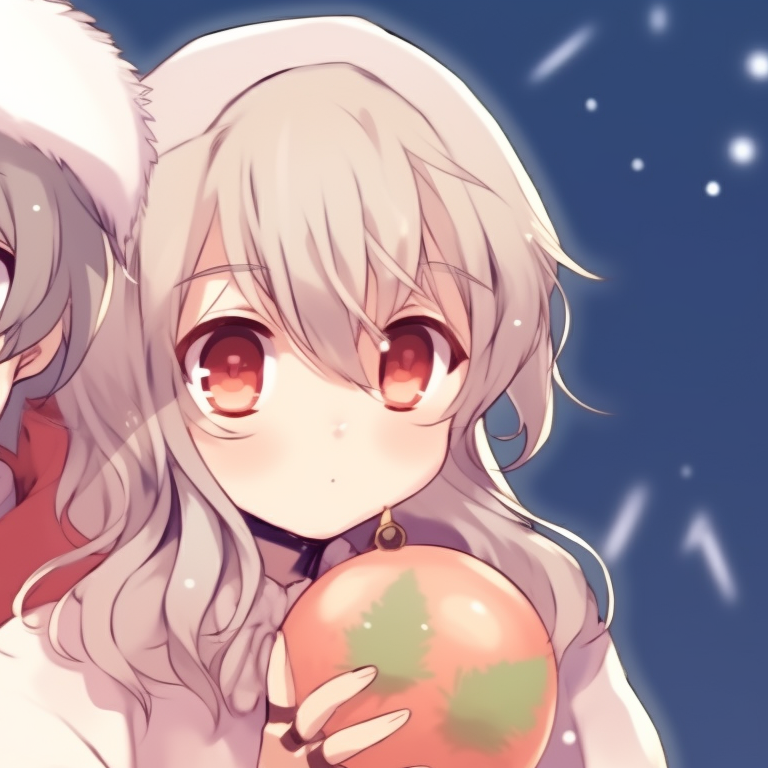 Two characters against a snowy background, soft lighting and romantic atmosphere, exchanging gifts. the best matching cute aesthetic christmas pfp for use pfp for discord.