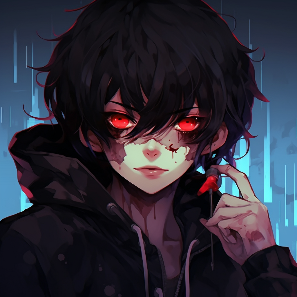 Close-up of an emo anime boy with focused detailing on facial features, showing off bold lines and intense colors. emo pfp anime boys display