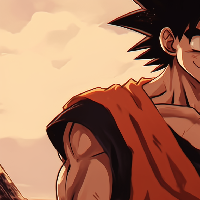 Goku and Chichi under an azure sky, earthy shades with bold outlines. goku and chichi love moments pfp for discord.