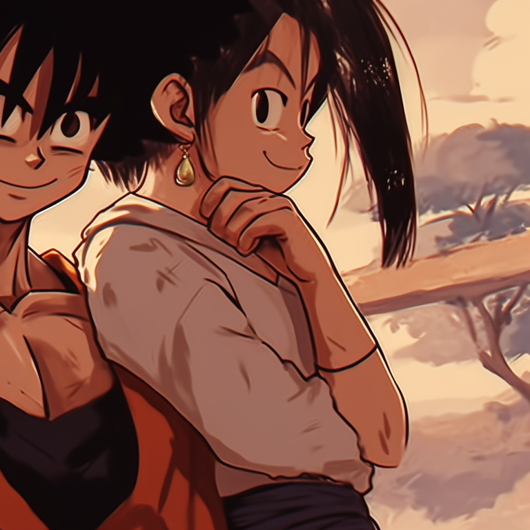 Goku and Chichi under an azure sky, earthy shades with bold outlines. goku and chichi love moments pfp for discord.