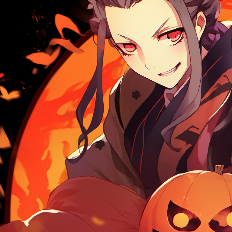 Zenitsu and Nezuko in eerie halloween costumes, highlighted with vivid colors. zenitsu and nezuko halloween wallpapers pfp for discord.