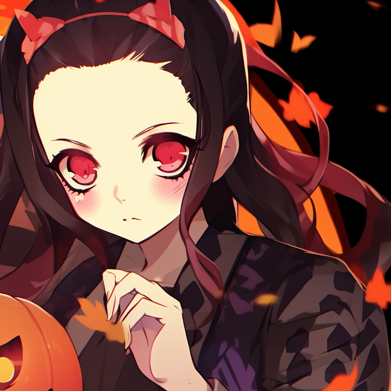 Zenitsu and Nezuko in eerie halloween costumes, highlighted with vivid colors. zenitsu and nezuko halloween wallpapers pfp for discord.