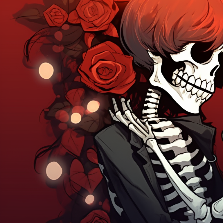 Two skeleton characters locked in a loving gaze under the mistletoe, sharp lines and stark attention to anatomic details. skeletons kissing under mistletoe - matching christmas pfp pfp for discord.