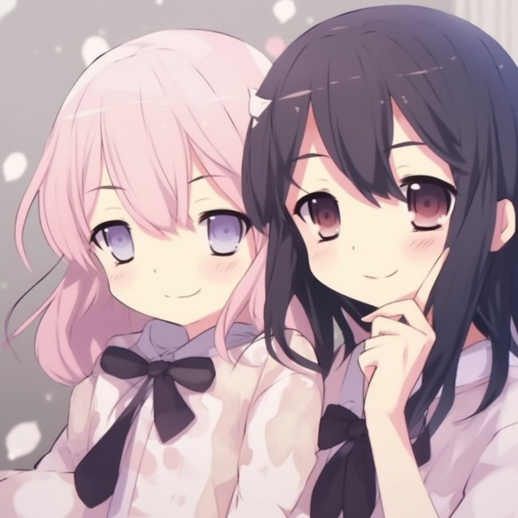 Depicting Homura Akemi and Madoka Kaname from Madoka Magica, muted colors and soft shapes. ideal matching anime pfp for best friends - female