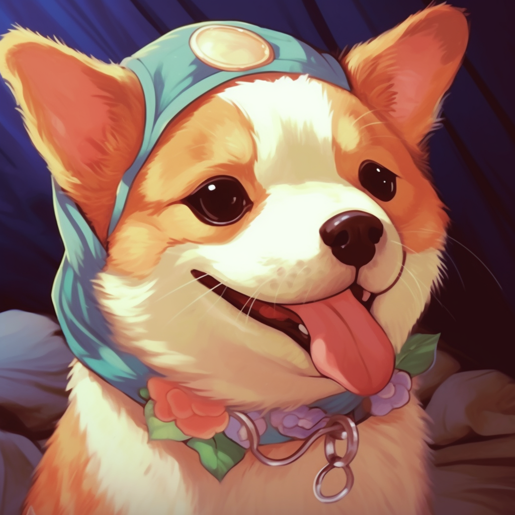 Profile pictures focusing on a corgi holding an oversized bone, depicted in exaggerated anime style with bright, fun colors. hilarious dog pfp pfp for discord.