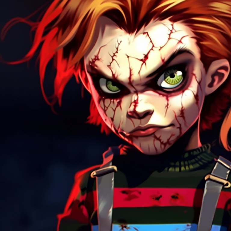 Chucky and Tiffany, both expressions exudes mischief, the color palette is grounded with hints of striking reds. horror film inspired pfp: chucky and tiffany pfp for discord.