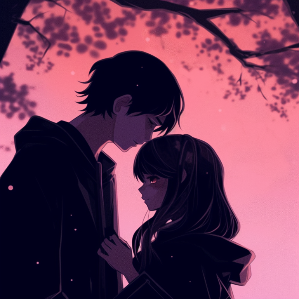 Characters embracing under cherry blossom tree, warm lighting and softly shaded. romantic matching pfp anime