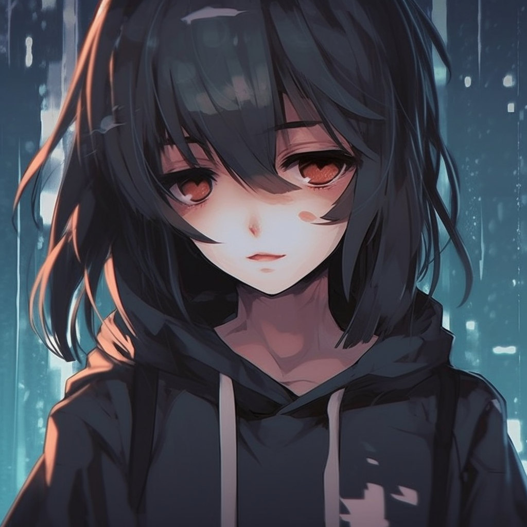 Anime girl with a sad expression, the use of cool hues and detailed lines give depth to her character. aesthetic anime girl with sad pfp