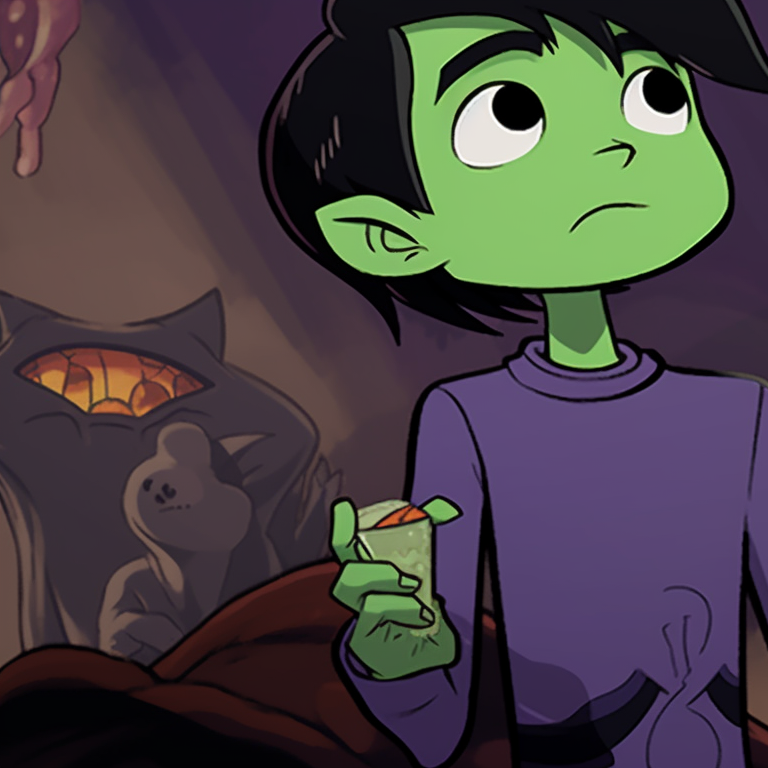 Both characters holding up festive Jack-o-lanterns, vibrant contrast against the dim background. beastboy and raven matching pfp in halloween theme sleepover pfp for discord.