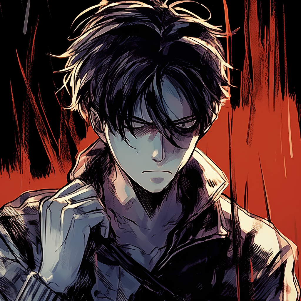 Levi Ackerman in a vigilant pose, with strong outlines and striking colors. top rated manga anime pfp pfp for discord.