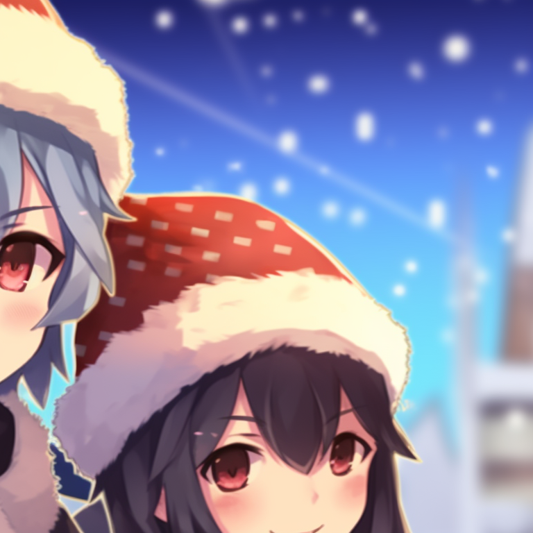Two school pupils in cozy winter clothing, sharing a scarf, with snowflakes in the background. harmonizing christmas pfp for school pupils pfp for discord.