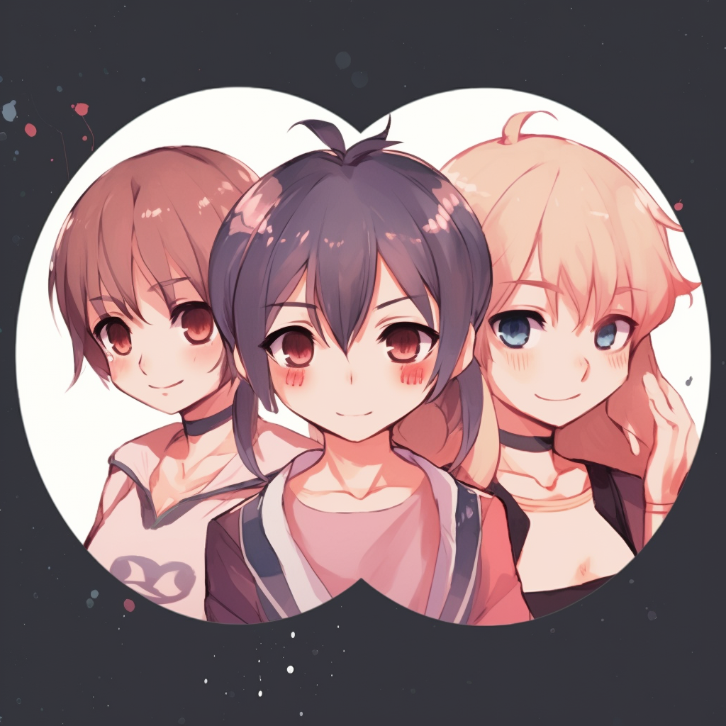 Close-up of three anime friends, cheerful expressions and detailed eyes. anime 3 matching pfp cute edition