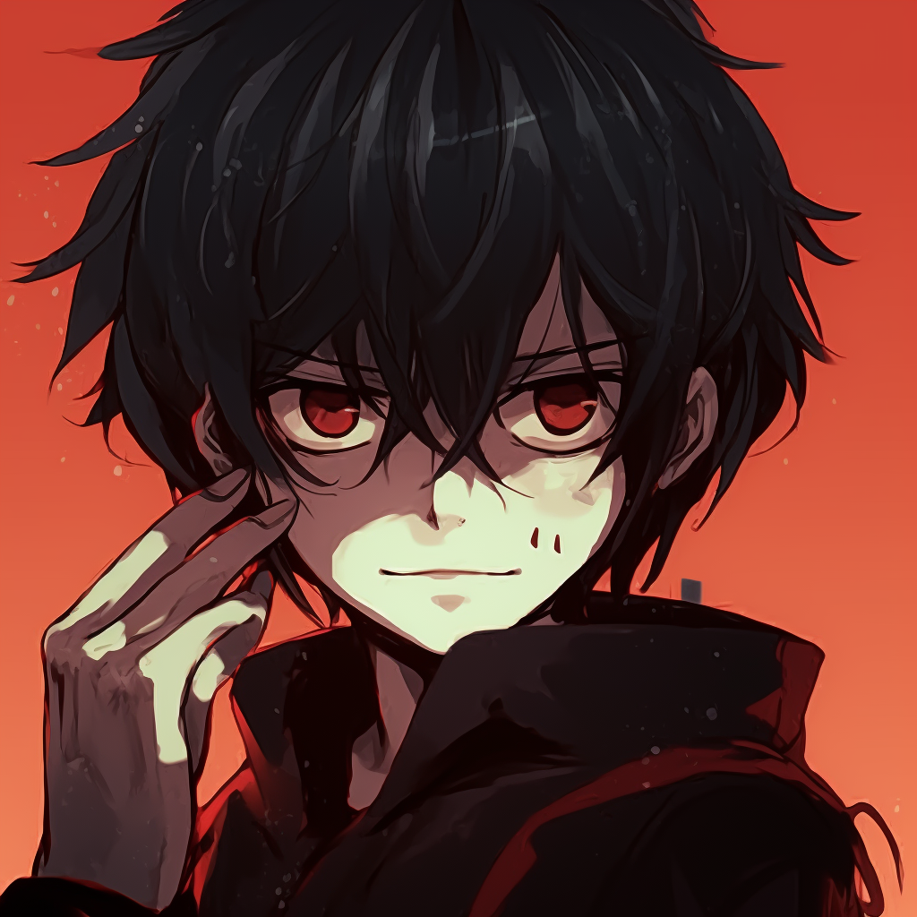 Protagonist with fiery eyes, sharp shading and high contrast. heroic anime pfp boy manga