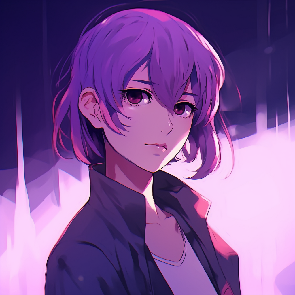 Elegant profile of an anime girl with purple hair, detailed hair strands and soft hues. high-rated purple anime pfps