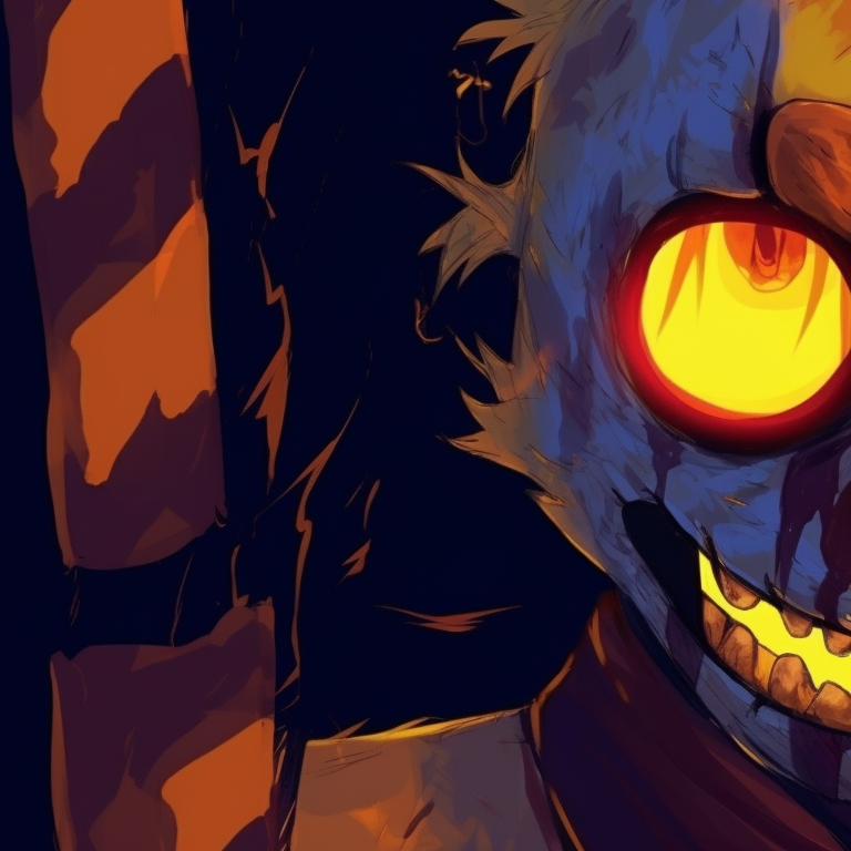 Two FNAF characters with intense eyes appearing from shadows; cool color palette with splashes of warm yellow. matching fnaf halloween profile images pfp for discord.