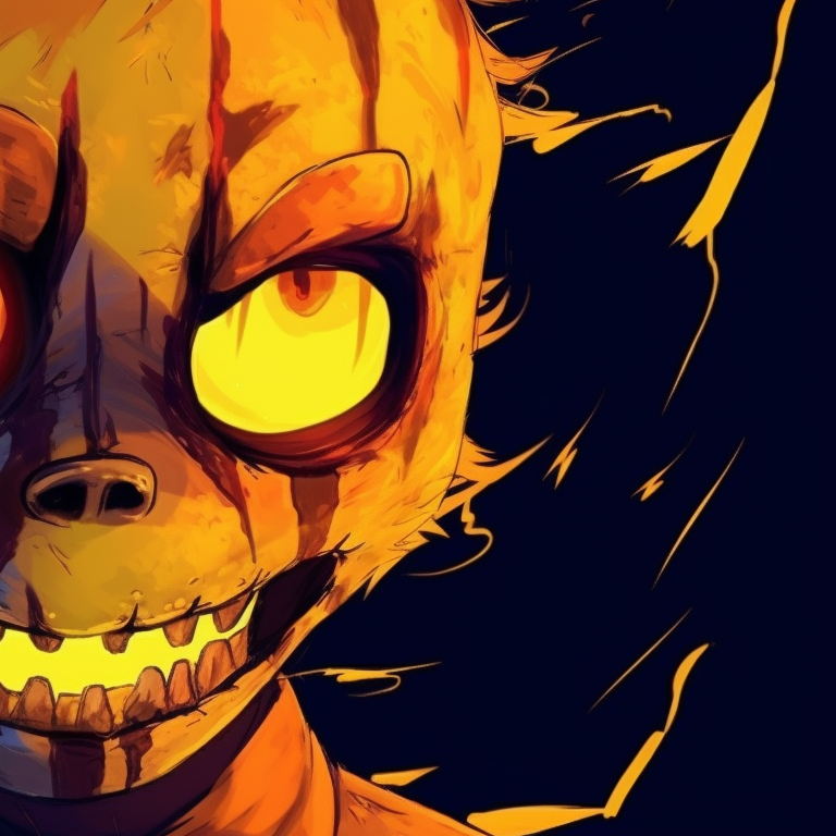 Two FNAF characters with intense eyes appearing from shadows; cool color palette with splashes of warm yellow. matching fnaf halloween profile images pfp for discord.