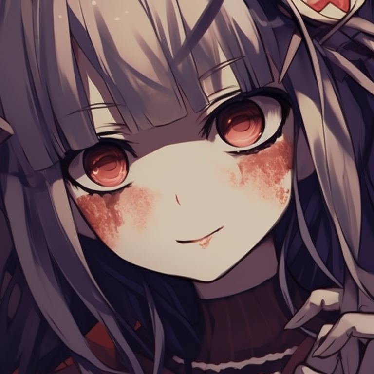 Two characters emerging from shadows, intricate horror-inspired tattoos and curious expressions. cool halloween themed matching pfp girl pfp for discord.