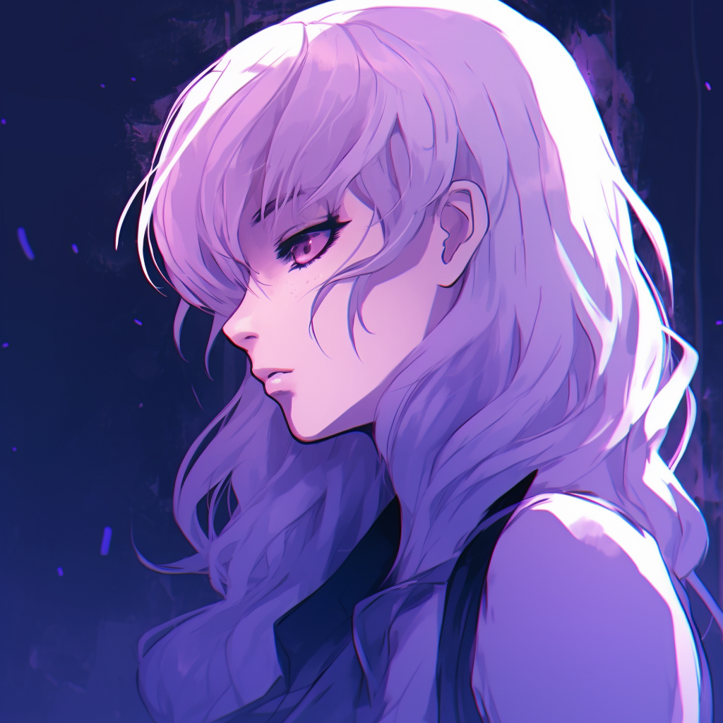 Anime character gazing at the distance with a purple-hued dusk setting, atmospheric composition and warm colors. aesthetic purple anime pfp pfp for discord.