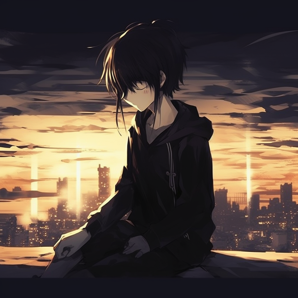 Anime boy in solitude under the moonlight, minimalistic design with cool tones. emotive depressed pfp boys