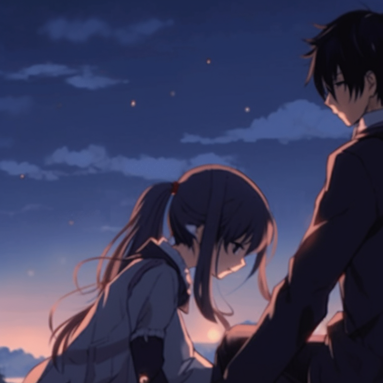 Two characters amidst cherry blossoms, gentle colors and traditional clothing. anime matching pfp gifs inspiration pfp for discord.