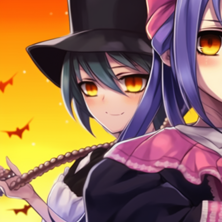 Obanai and Mitsuri, their auras intertwine, revealing dynamic Halloween costumes and striking background details. mitsuri and obanai themed halloween matching pfps pfp for discord.