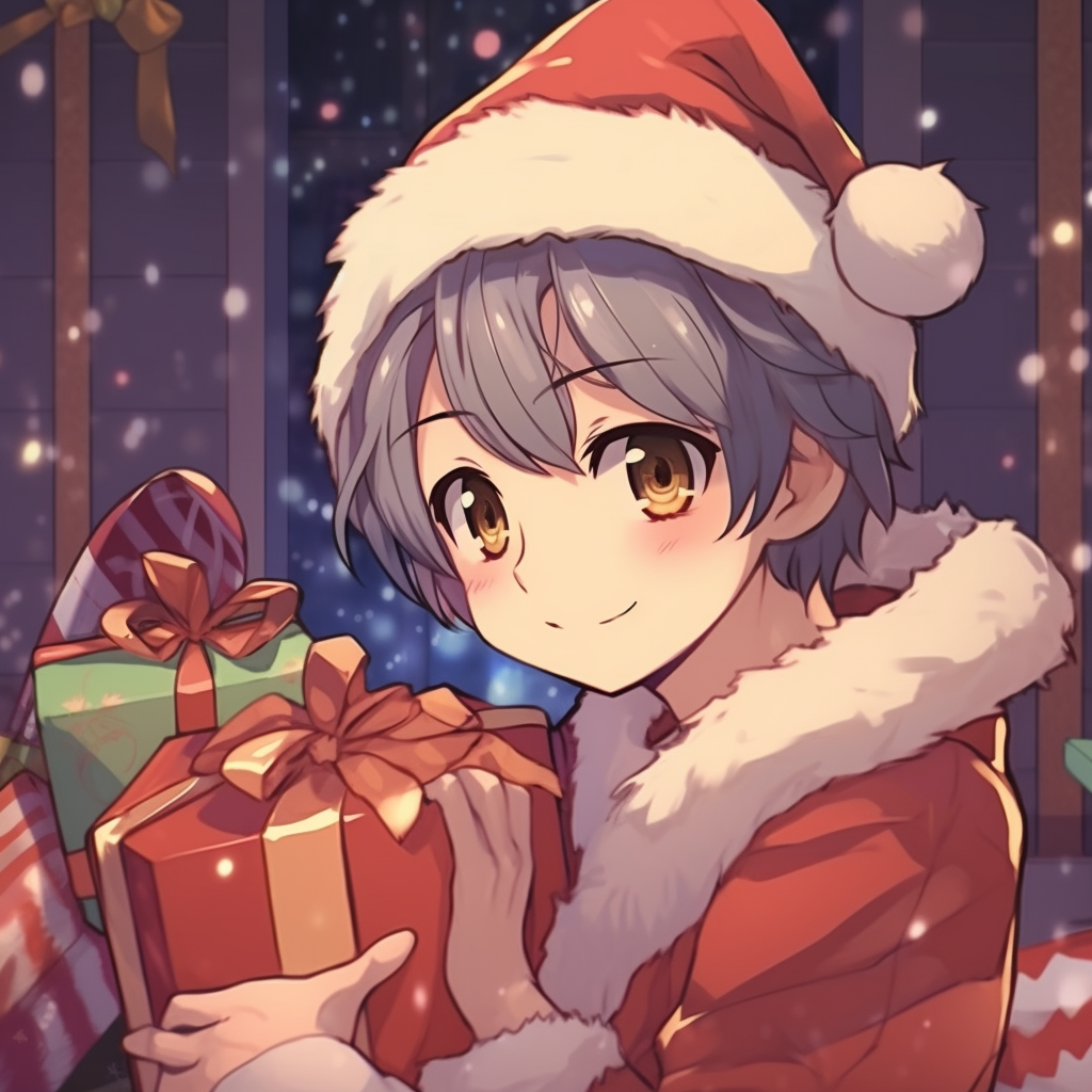 Anime Boy with Christmas gifts in hand, careful detailing and rich colors. anime boy christmas pfp