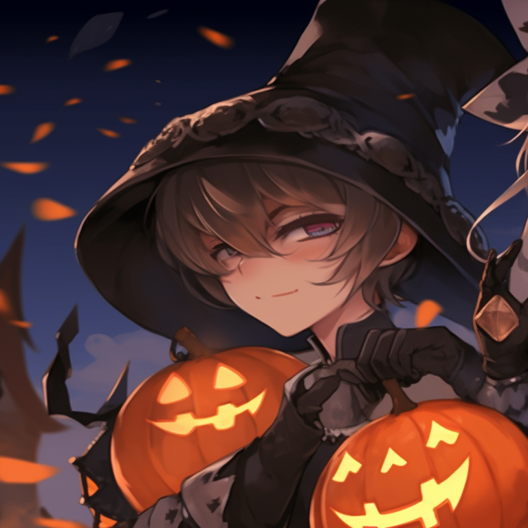 Two silhouette characters, glowing eyes and dark theme, amidst a lantern lit street. trending matching genshin pfp halloween theme pfp for discord.