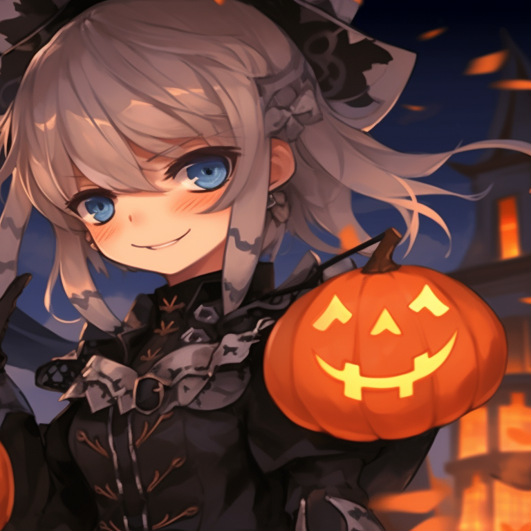 Two silhouette characters, glowing eyes and dark theme, amidst a lantern lit street. trending matching genshin pfp halloween theme pfp for discord.