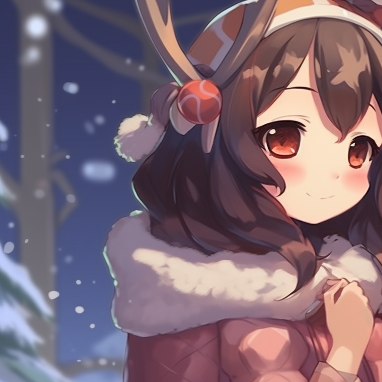 Two characters in warm coats, singing with a snow-filled town in the background. holiday themed matching christmas pfp for discord pfp for discord.