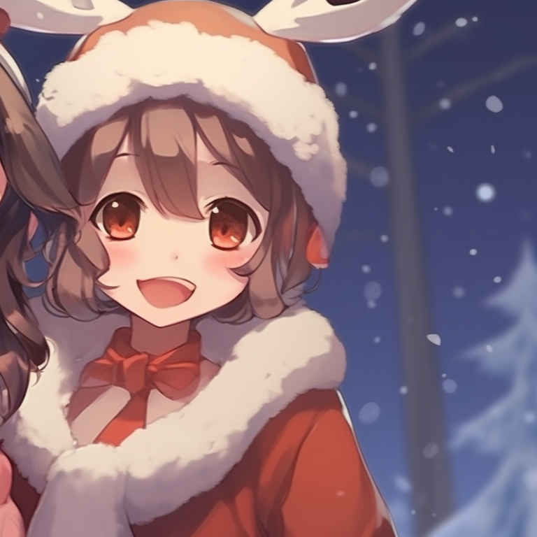 Two characters in warm coats, singing with a snow-filled town in the background. holiday themed matching christmas pfp for discord pfp for discord.