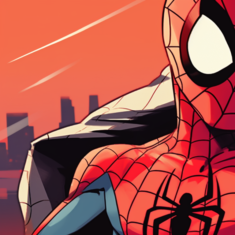 Dark silhouettes of Spiderman and Spider-Woman on rooftop, detailed architecture in the background. spiderman matching pfp fan art pfp for discord.