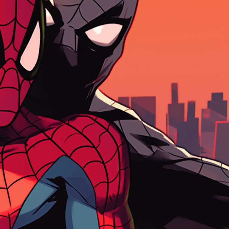 Dark silhouettes of Spiderman and Spider-Woman on rooftop, detailed architecture in the background. spiderman matching pfp fan art pfp for discord.