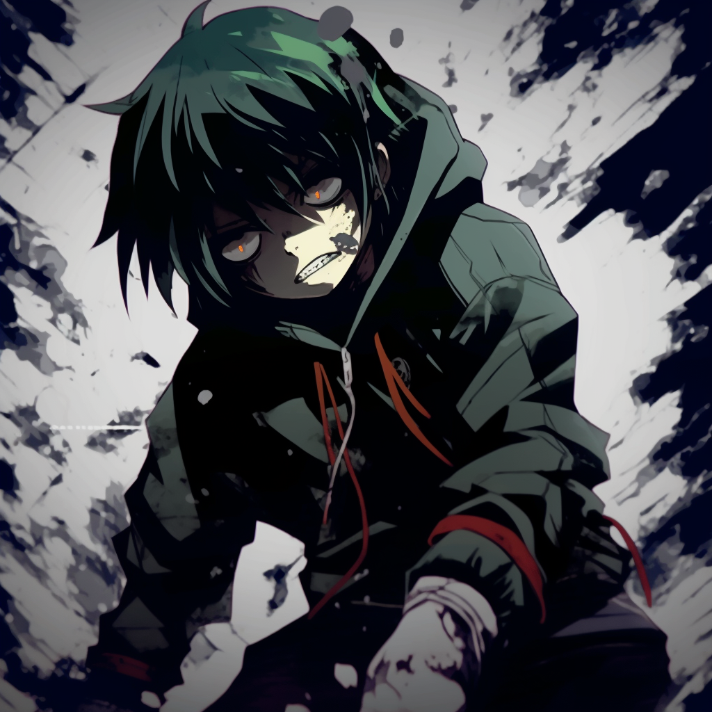 Deku from My Hero Academia in a street grunge outfit, splatter art style and bold lines. grunge anime aesthetic pfp