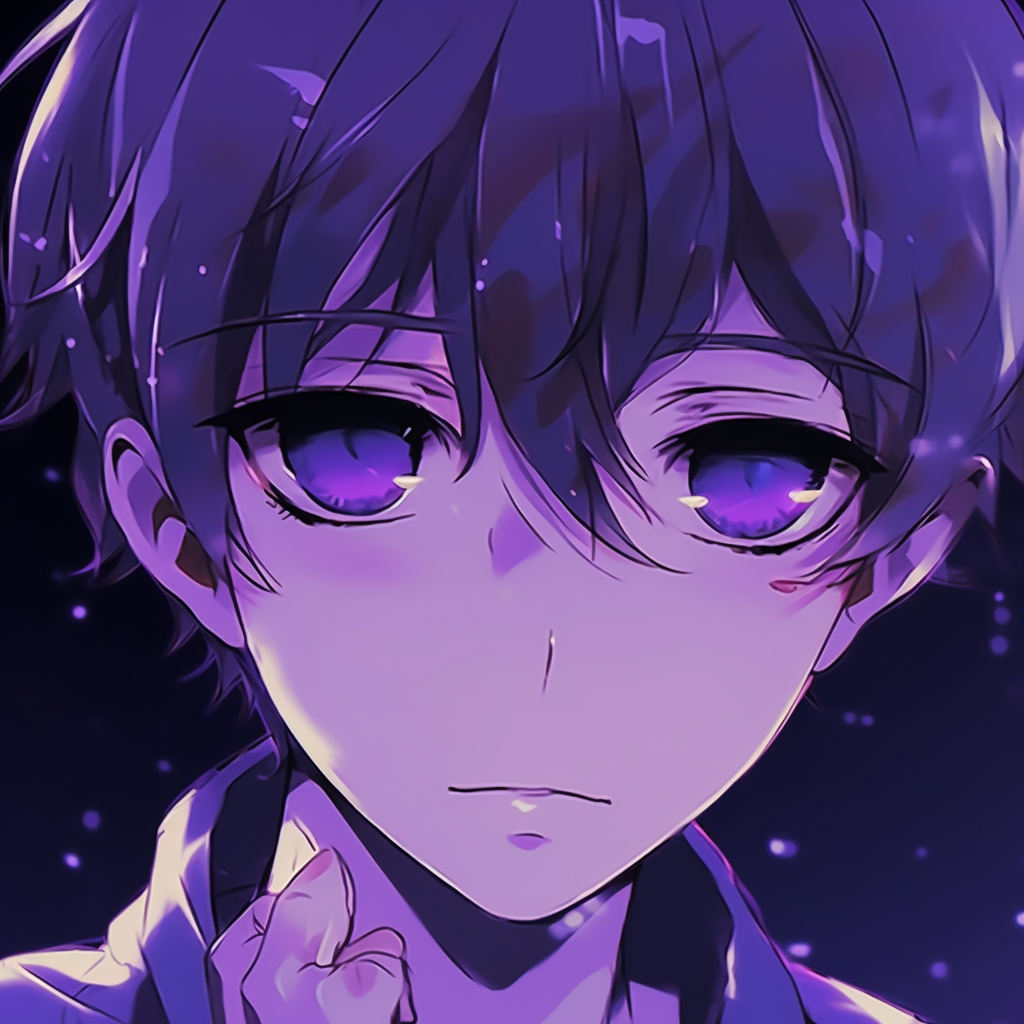 Anime boy with magnetizing purple eyes, fine details on the irises. eye-catching purple anime boys