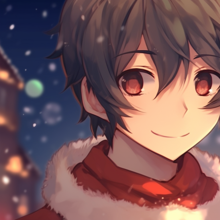 Two characters, cool color scheme and peaceful expressions, set against a snow-covered landscape. christmas anime matching pfp pfp for discord.