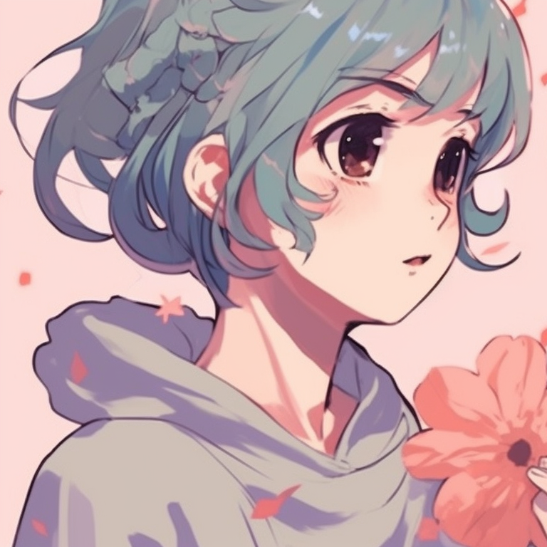 Two girls with pastel-colored hair and flowers, soft shading, gazing at each other. unique girl's matching pfp pfp for discord.