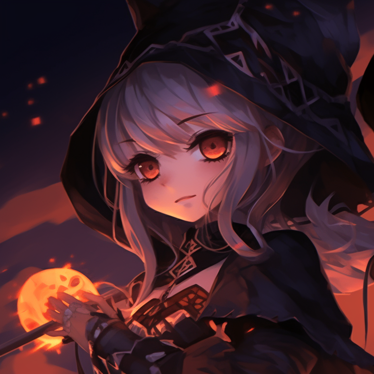 Two characters in battle stances wearing Halloween warrior costumes, detailed shading used on their weapons. genshin character halloween themed matching pfp pfp for discord.