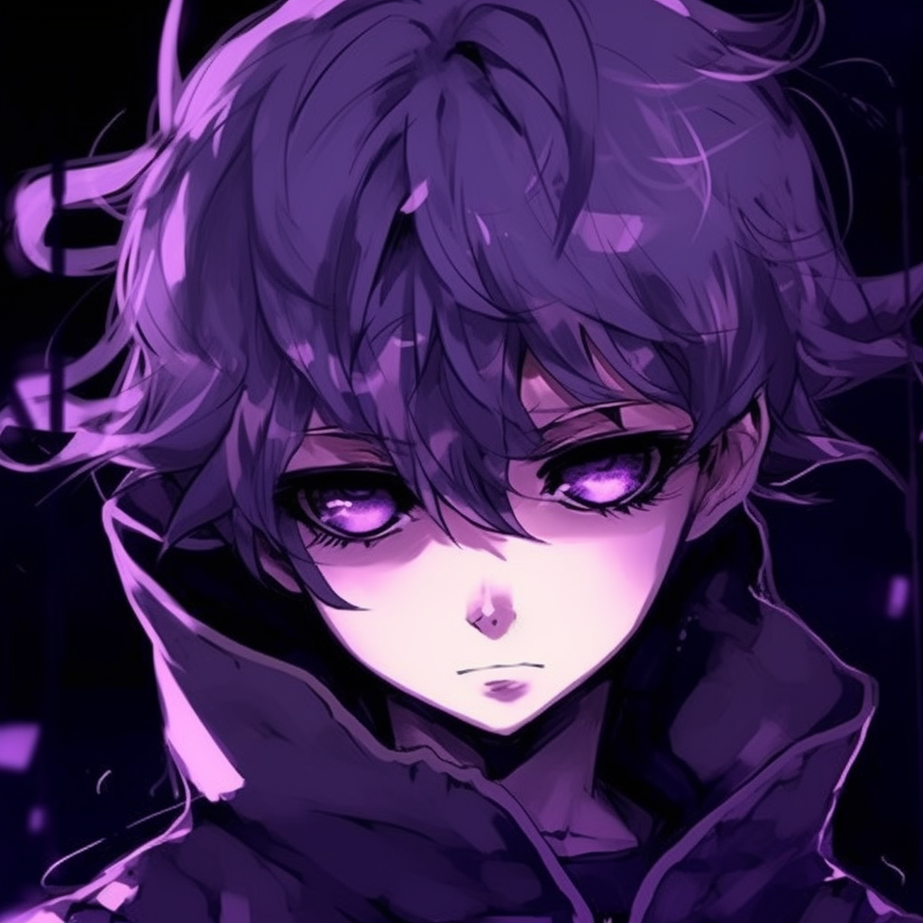 A profile image of an anime boy cloaked in purple, highlighting the smooth lines of his attire and the intense look in his eyes. stunning purple anime pfp boys