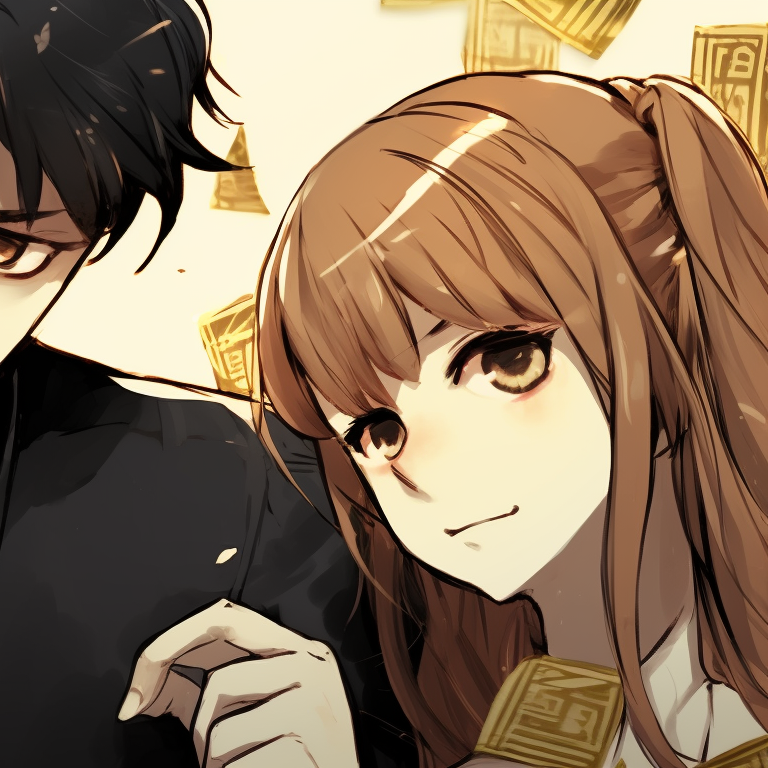 Close-up of Lady K and the Sick Man, facial expressions hinting strategic discussions, with currency symbols floating around them. lady k and the sick man matching pfp finance pfp for discord.