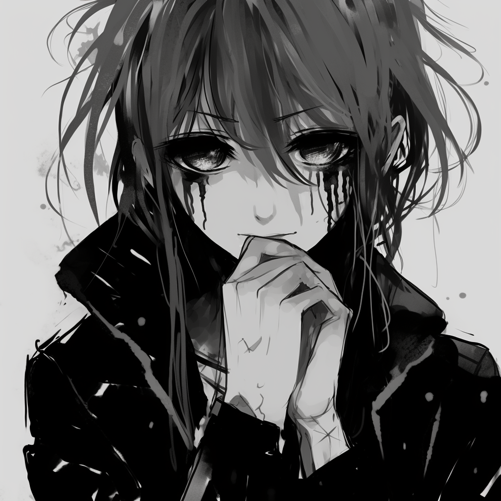 An anime persona displayed in a gritty monochrome look, embodying grunge aesthetic. grunge anime black and white pfp