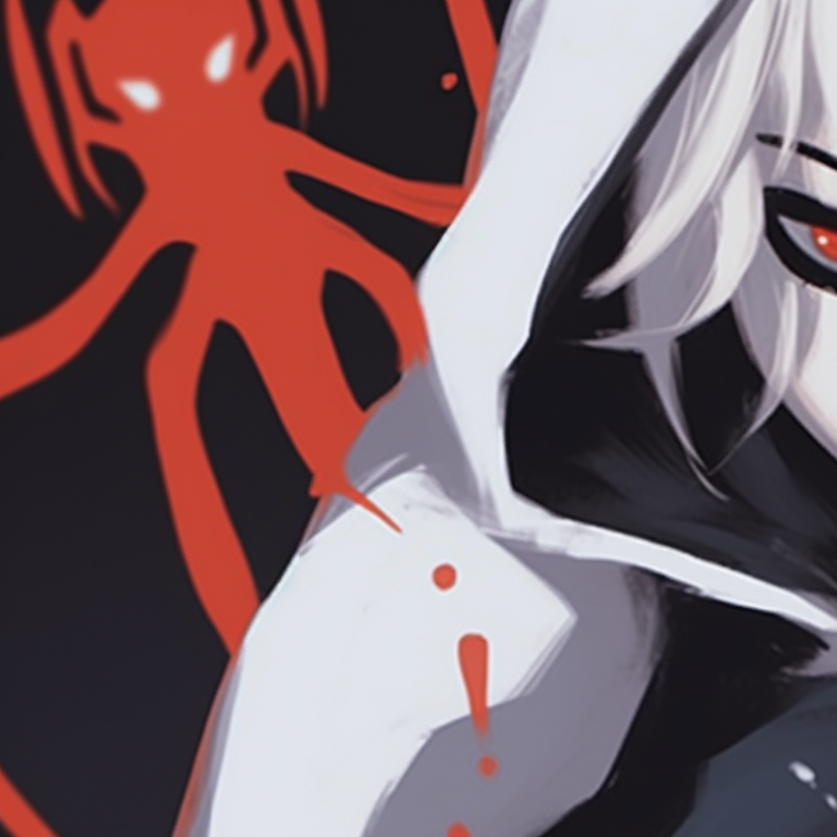 Gwen and Miles in dynamic poses, rich, warm colors accentuating the Halloween theme. spider man gwen and miles halloween matching pfp pfp for discord.