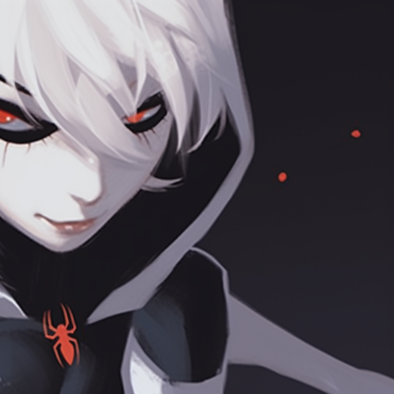 Gwen and Miles in dynamic poses, rich, warm colors accentuating the Halloween theme. spider man gwen and miles halloween matching pfp pfp for discord.